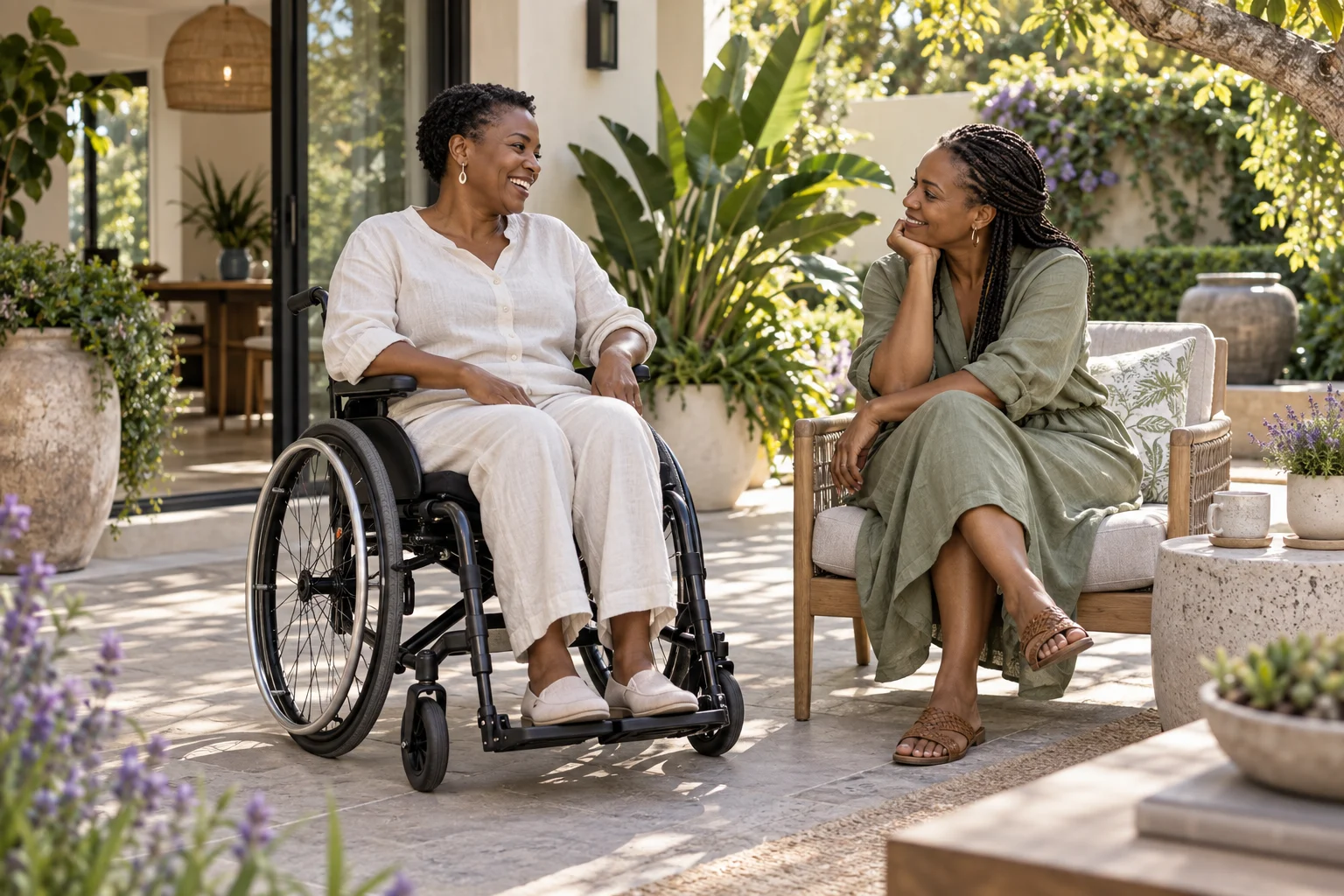 Illustrative lifestyle scene of a wheelchair user enjoying time with a friend on a garden terrace